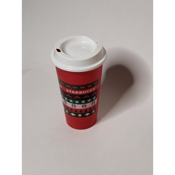 Starbucks Christmas Reusable Tall Cup With Lid Red Green White Mug Plastic - Picture 2 of 12